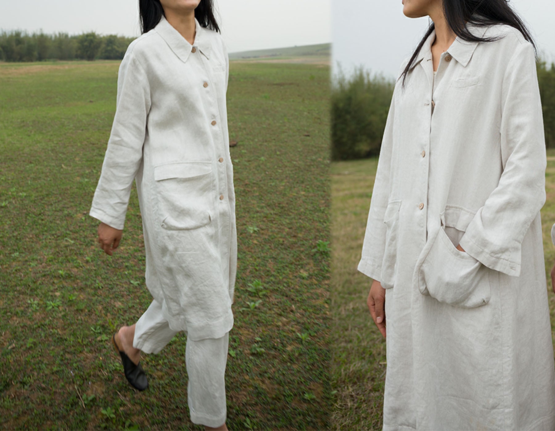 edoa Unisex Flax Linen Trench Coat