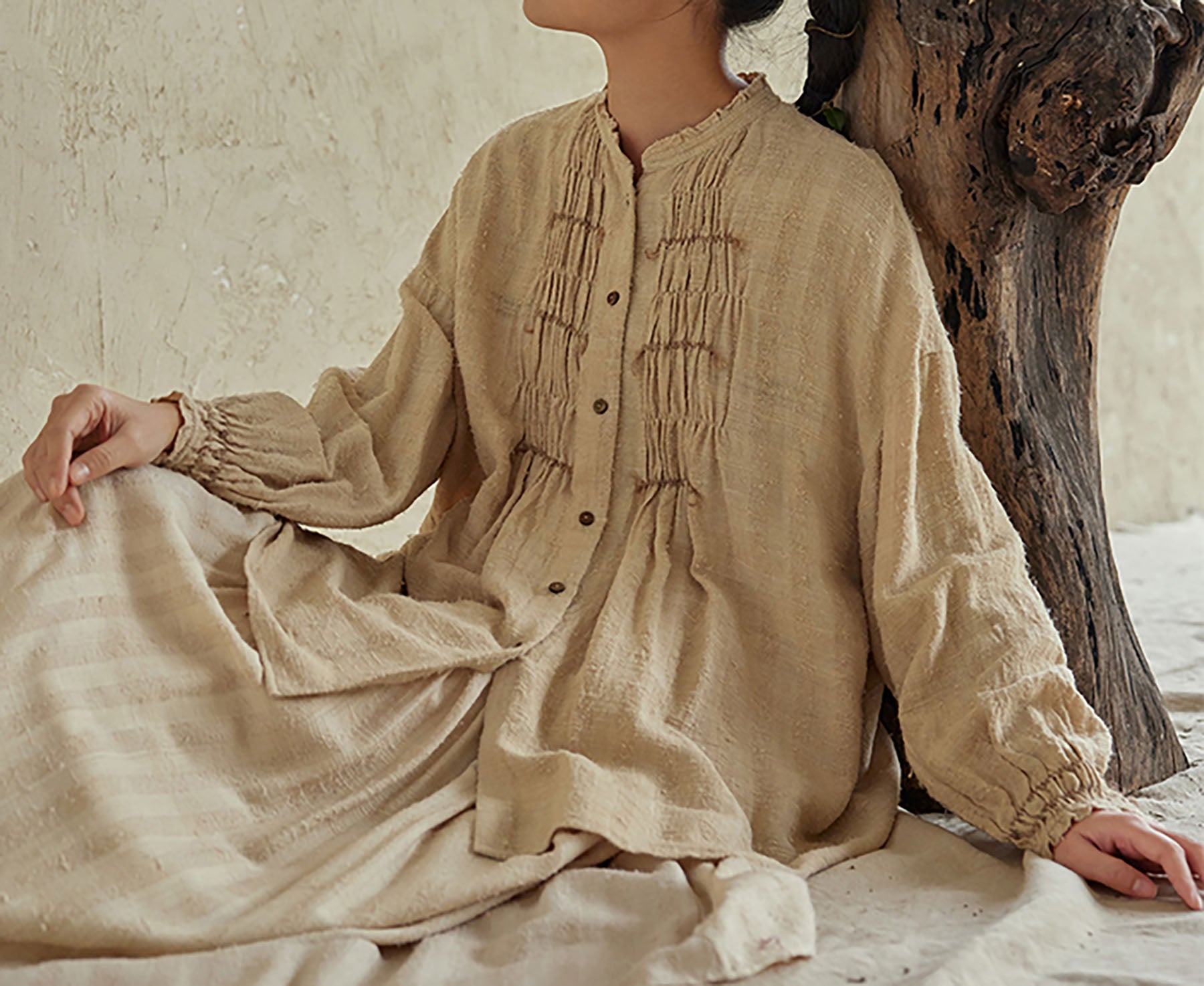 edoa Raw Tussah Silk Smocking Shirt