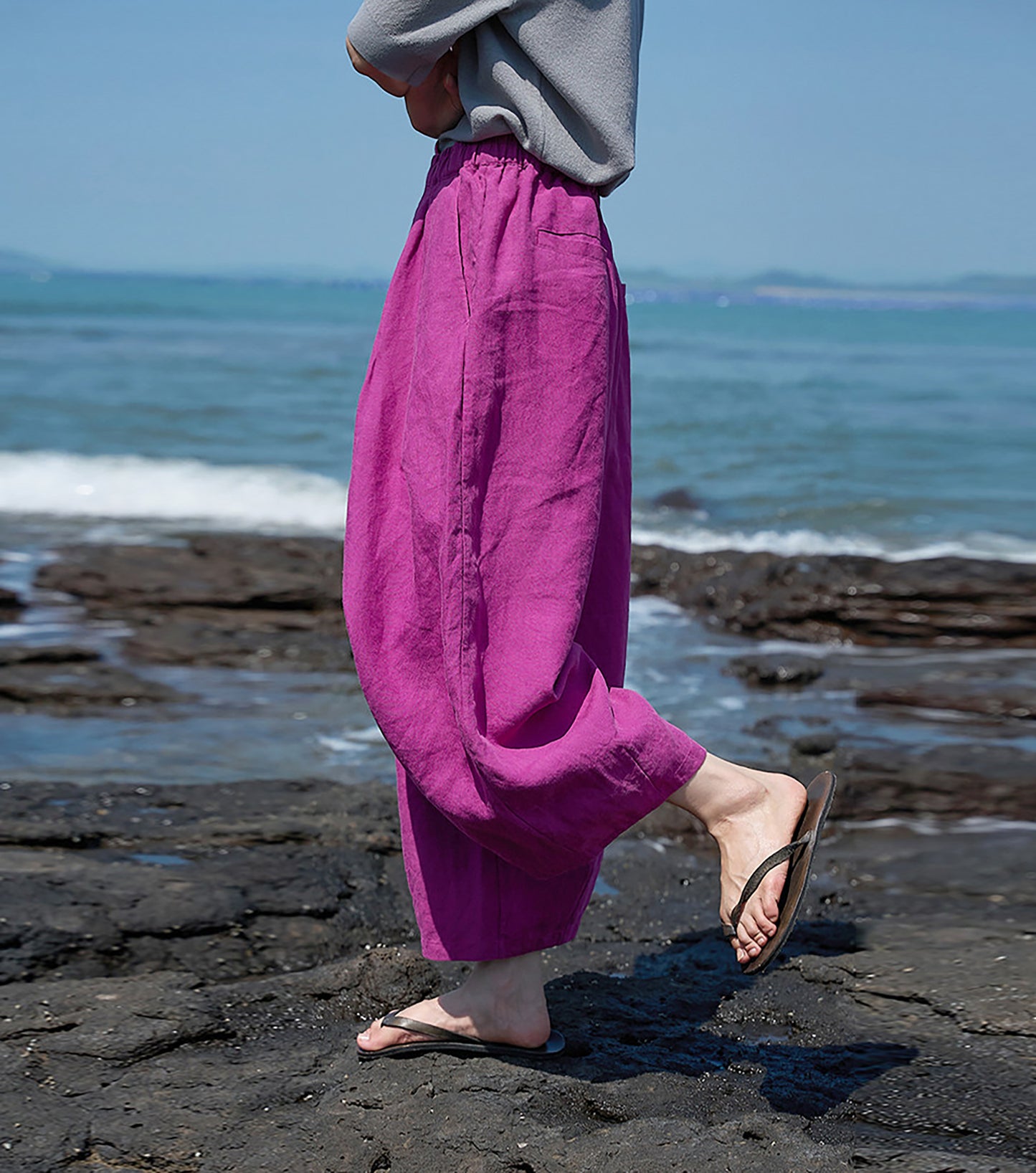 edoa Elasticated Washed Ramie Crop Pants