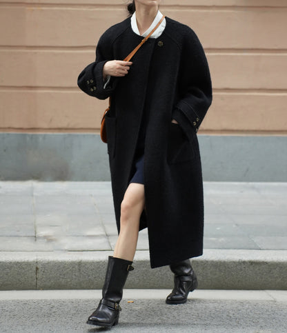 edoa Black Loop-Yarns Wool Trapeze Coat