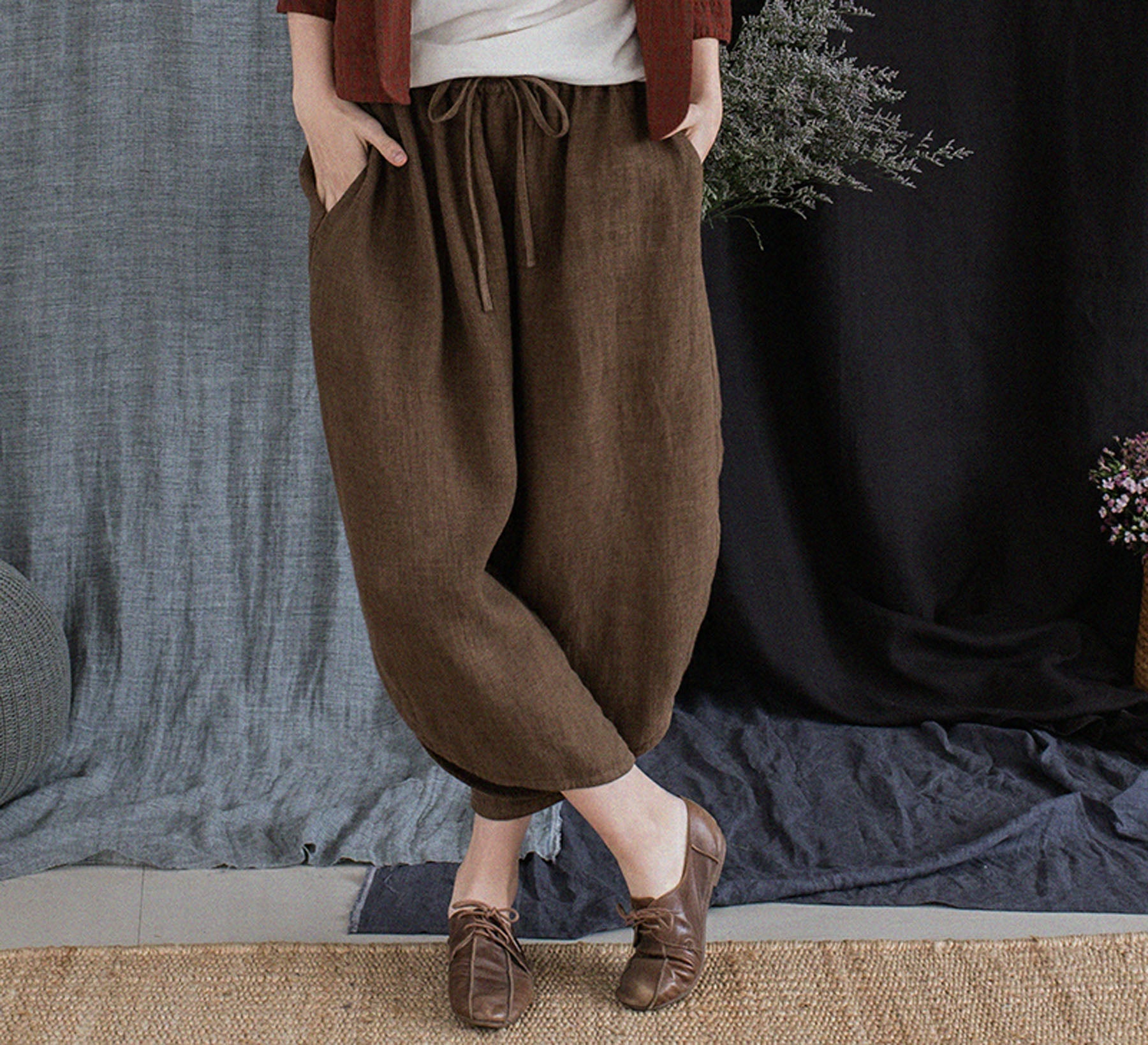 edoa Brown Twill Ramie Fisherman Pants