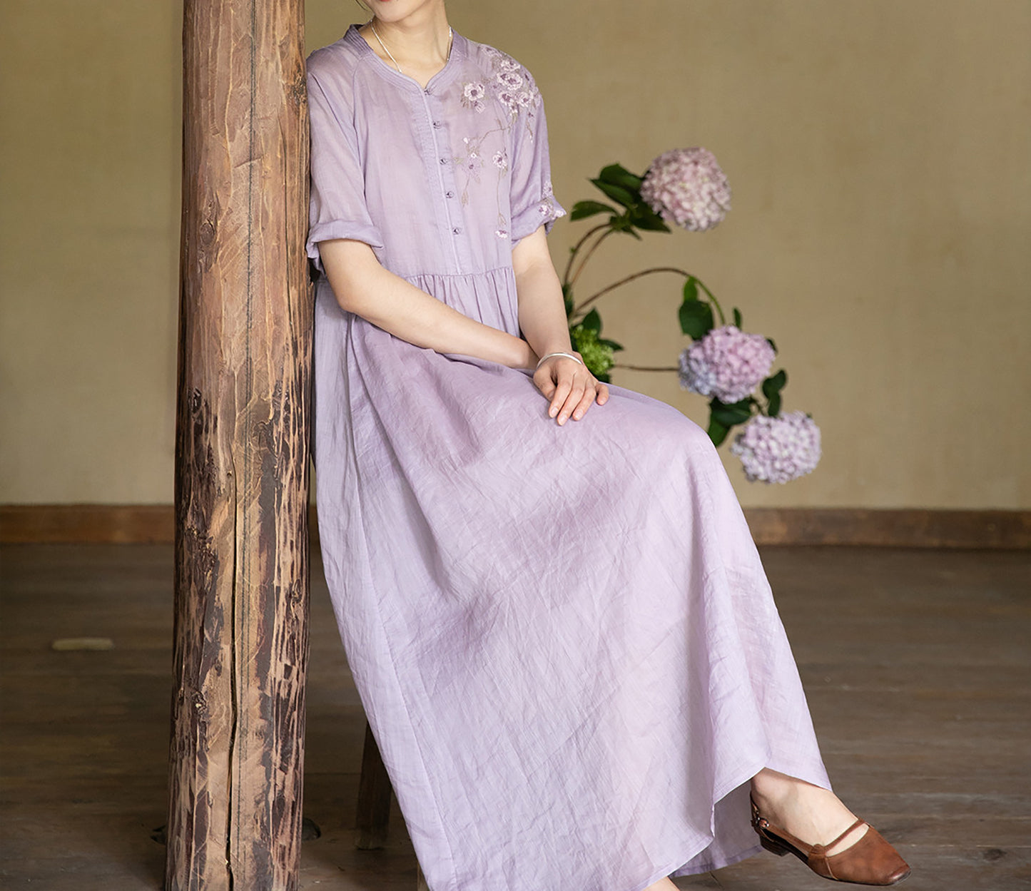 edoa Ramie Chinese Dress with Hand Embroidery