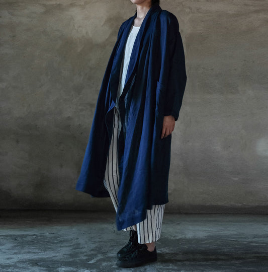 edoa Indigo-dyed Ramie Shawl Collar Coat