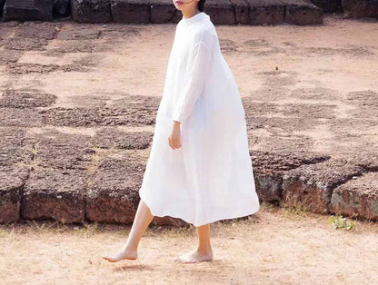 edoa White Ramie Loose Fitting A Line Shirt Dress