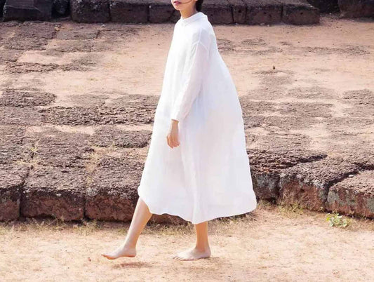edoa White Ramie Loose Fitting A Line Shirt Dress