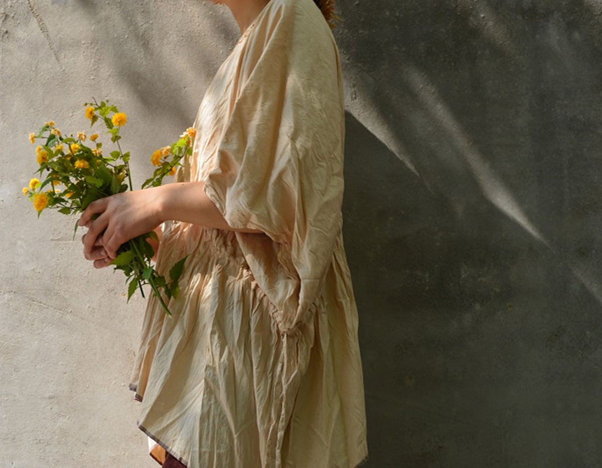 edoa Oversized Dupion Silk Top decored with Hand Embroidery Sashiko