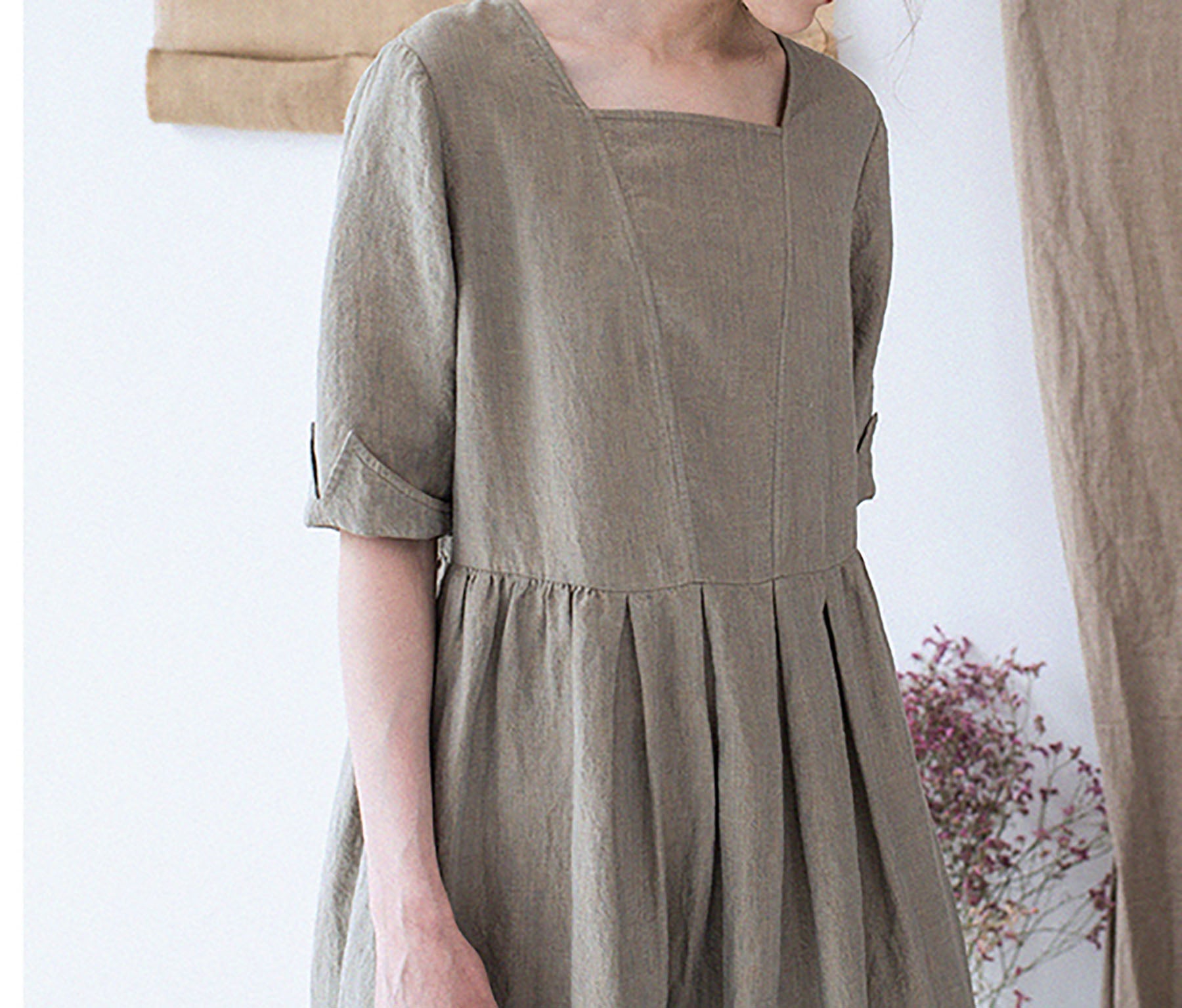 edoa Yarn dyed French Linen Square Neck Half Sleeve Dress