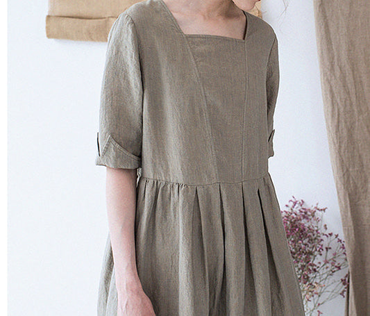 edoa Yarn dyed French Linen Square Neck Half Sleeve Dress
