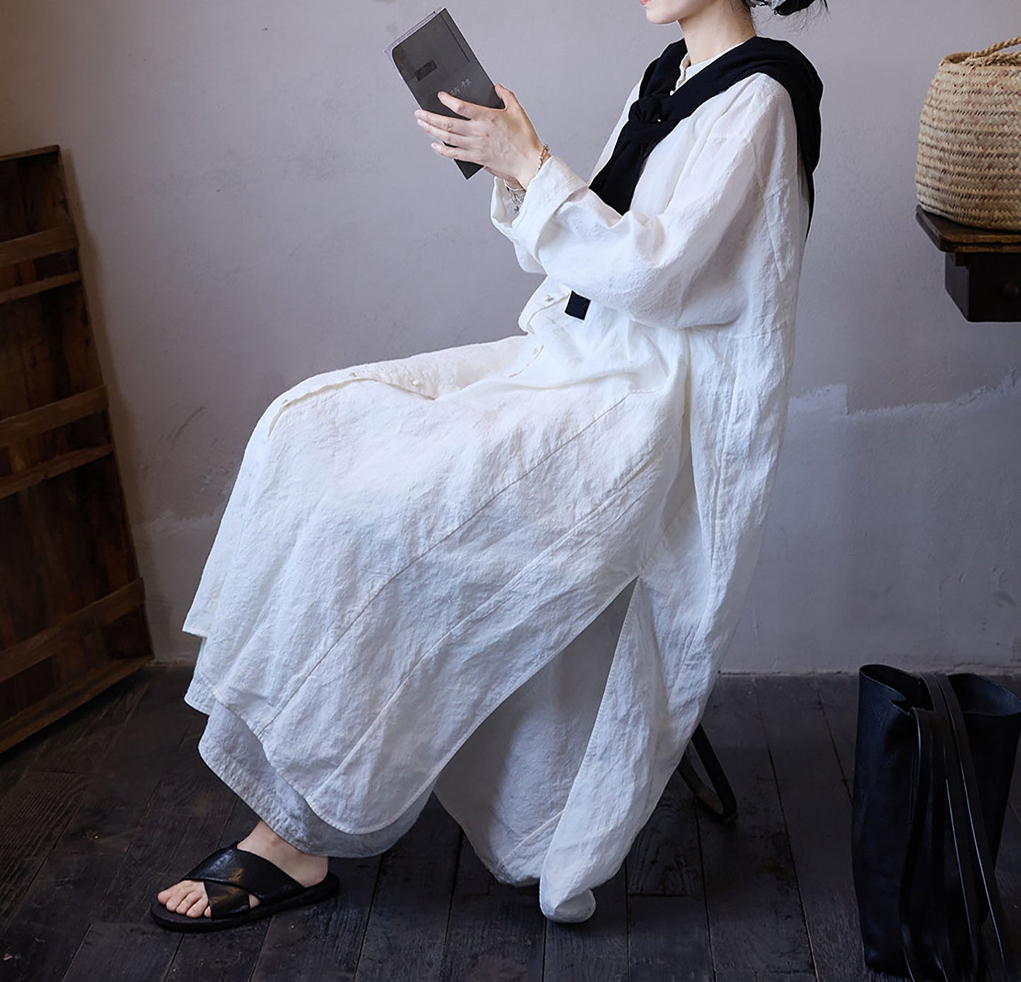 edoa Oversized White Washed Ramie Lightweight Chinese Button Down Shirt Dress