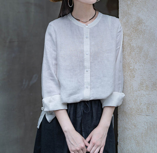 edoa White Linen Button Down Chinese Blouse