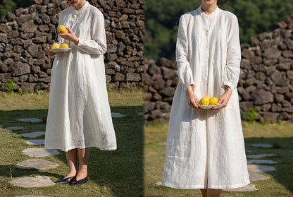 edoa Long Sleeve Pleated Linen Shirtdress