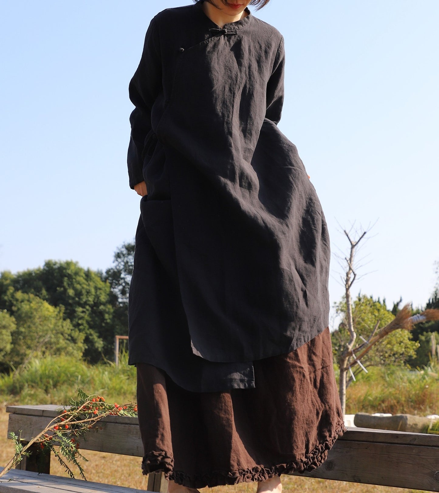 edoa Loose Black Linen Wrap Qipao Dress
