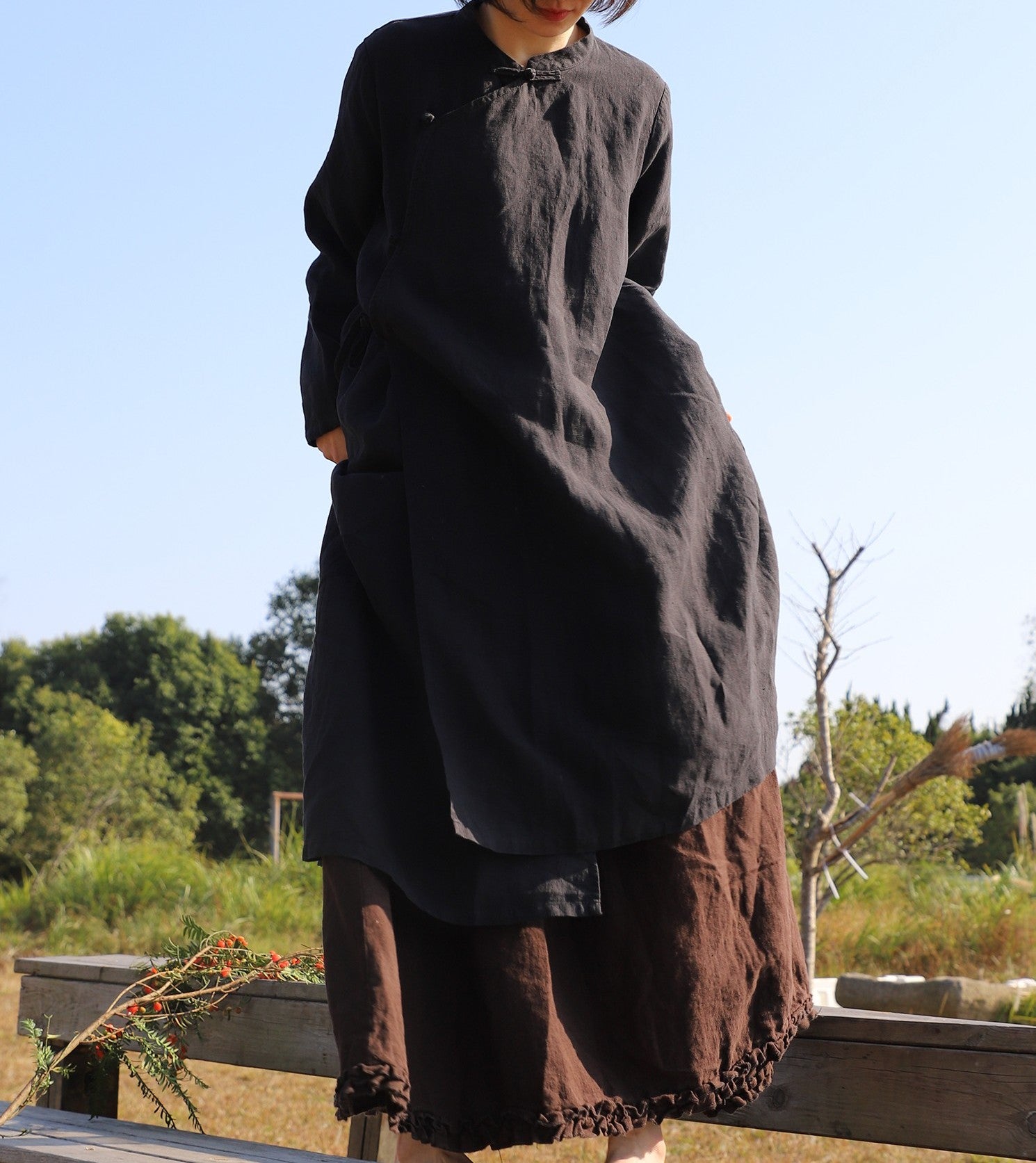 edoa Loose Black Linen Wrap Qipao Dress