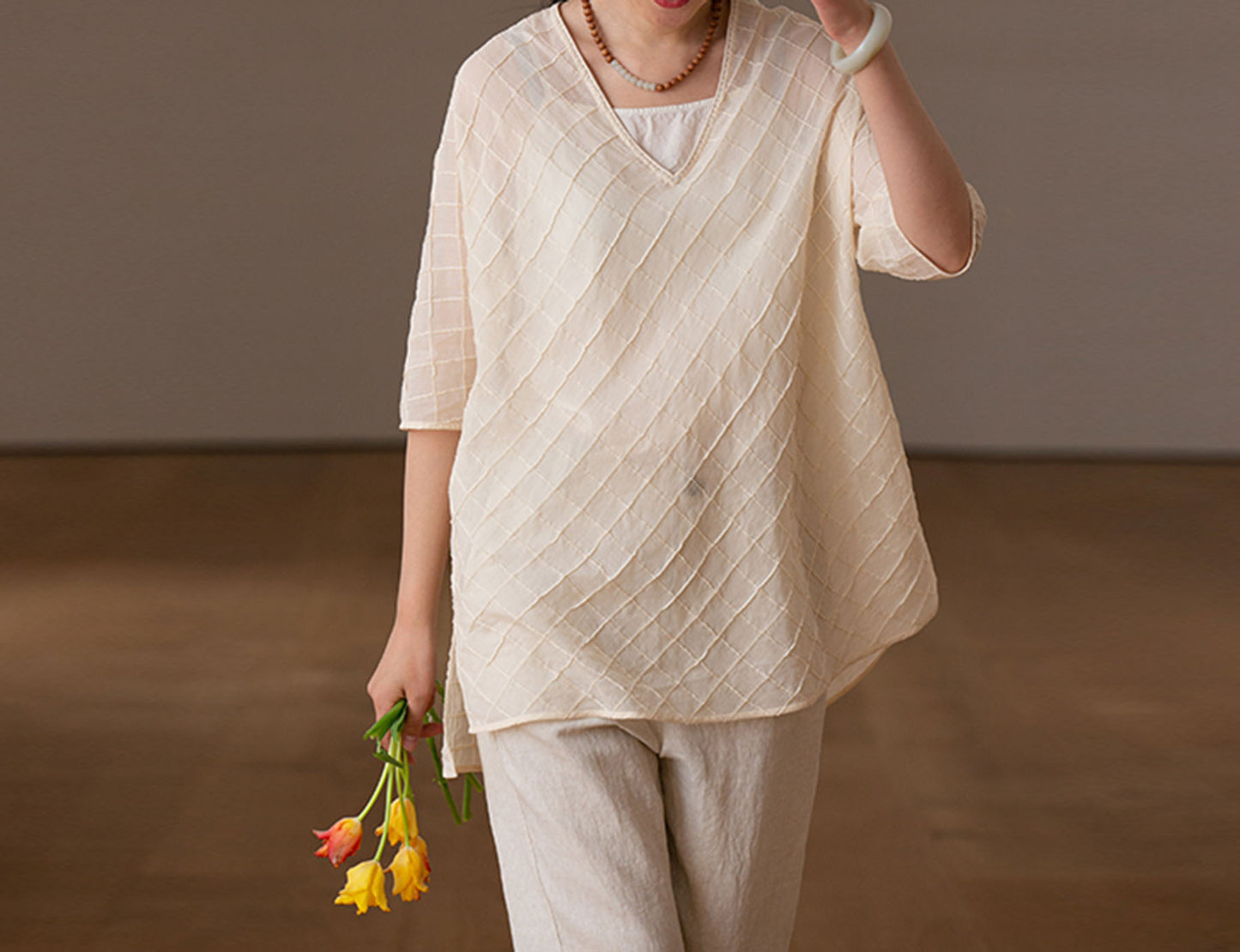 edoa High Counted Cotton Pintucked V-neck Blouse 