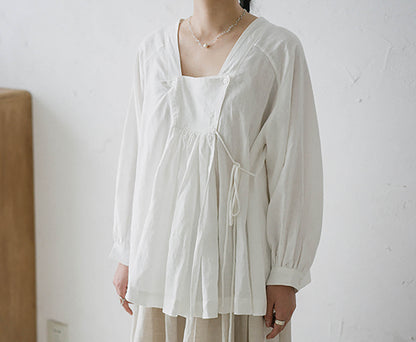 edoa Linen Puff Sleeves Blouse