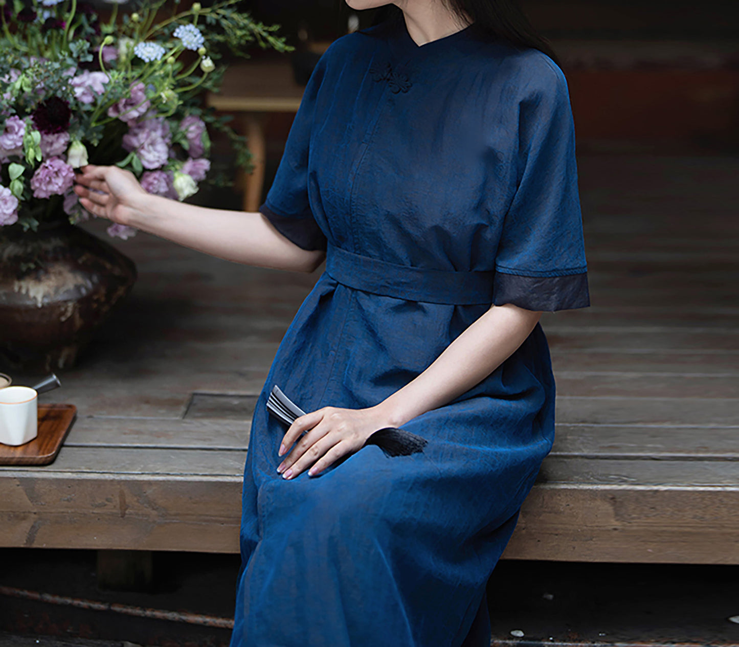 edoa Blue Cracked Mud Silk A-line Dress 