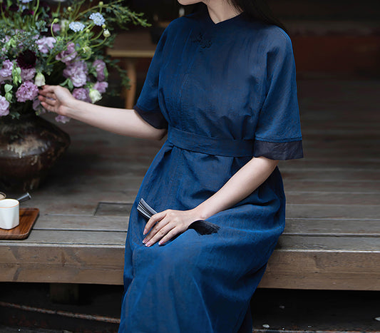 edoa Blue Cracked Mud Silk A-line Dress 