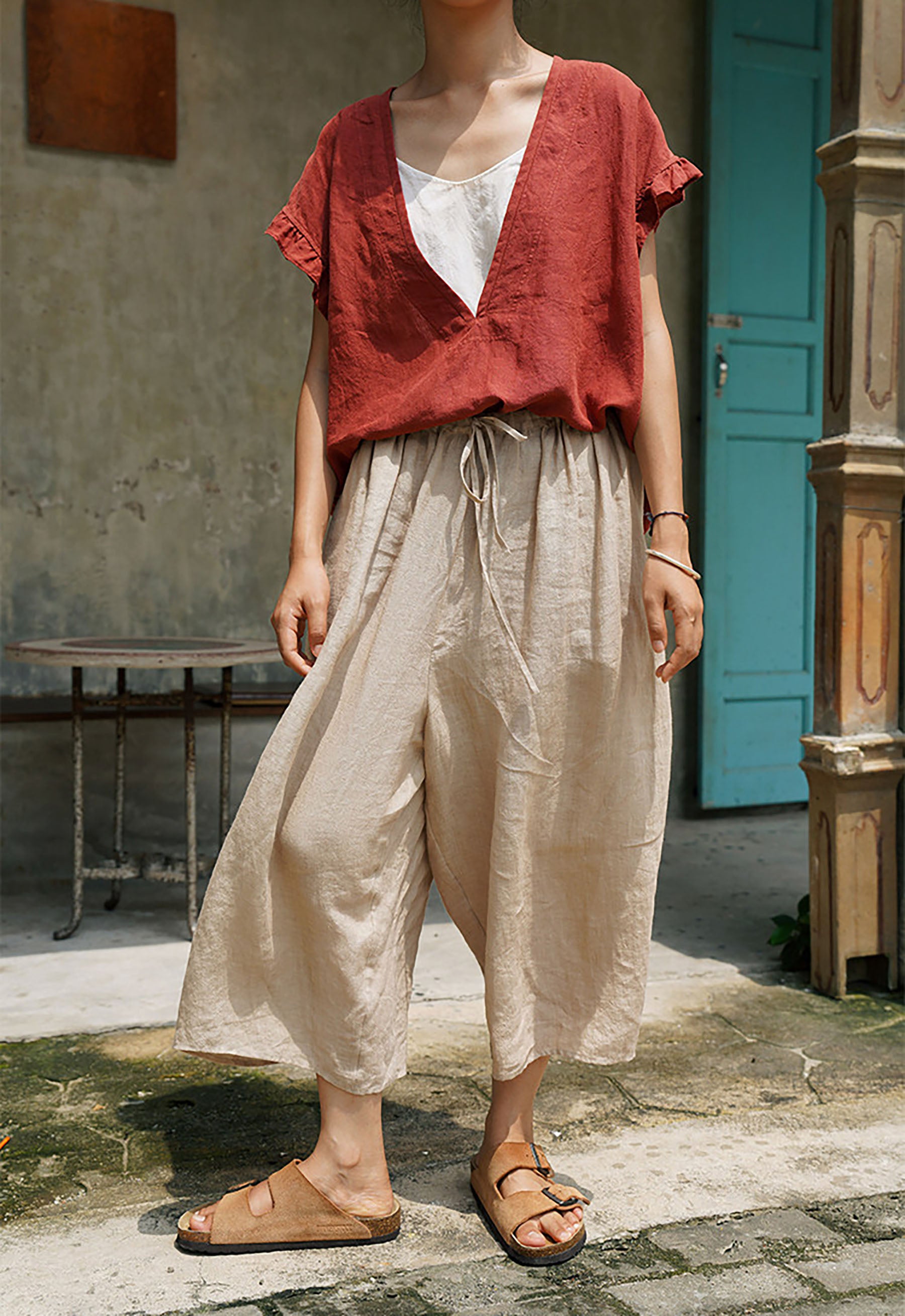 edoa Flax Linen Wide Leg Pants 