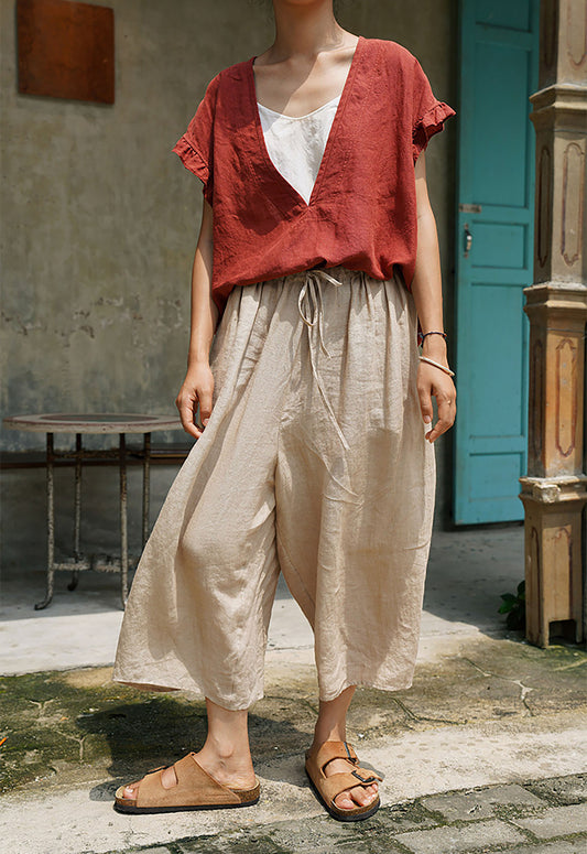 edoa Flax Linen Wide Leg Pants 