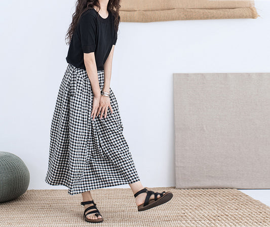 edoa Yarn Dyed Linen Gingham Skirt