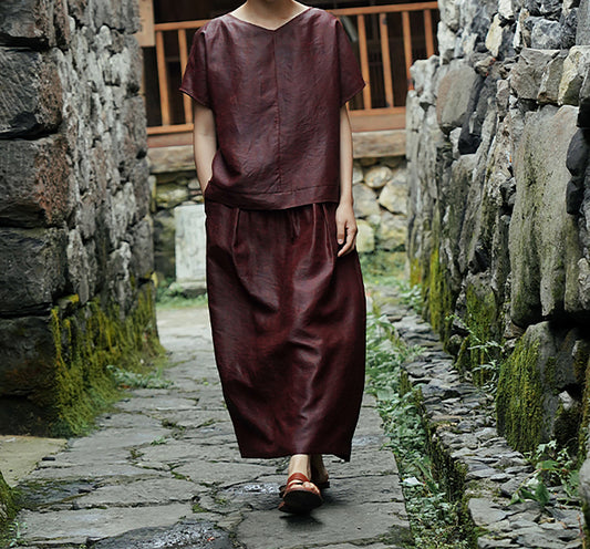 edoa Rusty Red Cracked Mud Silk Midi Skirt