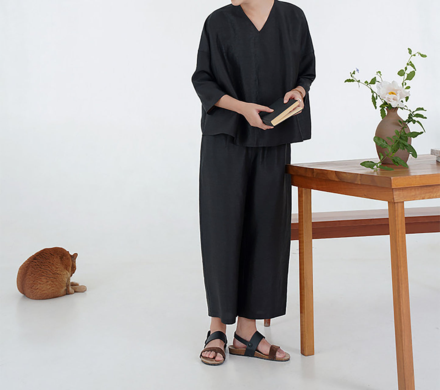 edoa Intangible Cultural Heritage Cracked Mud Silk Wide-leg Crop Pants