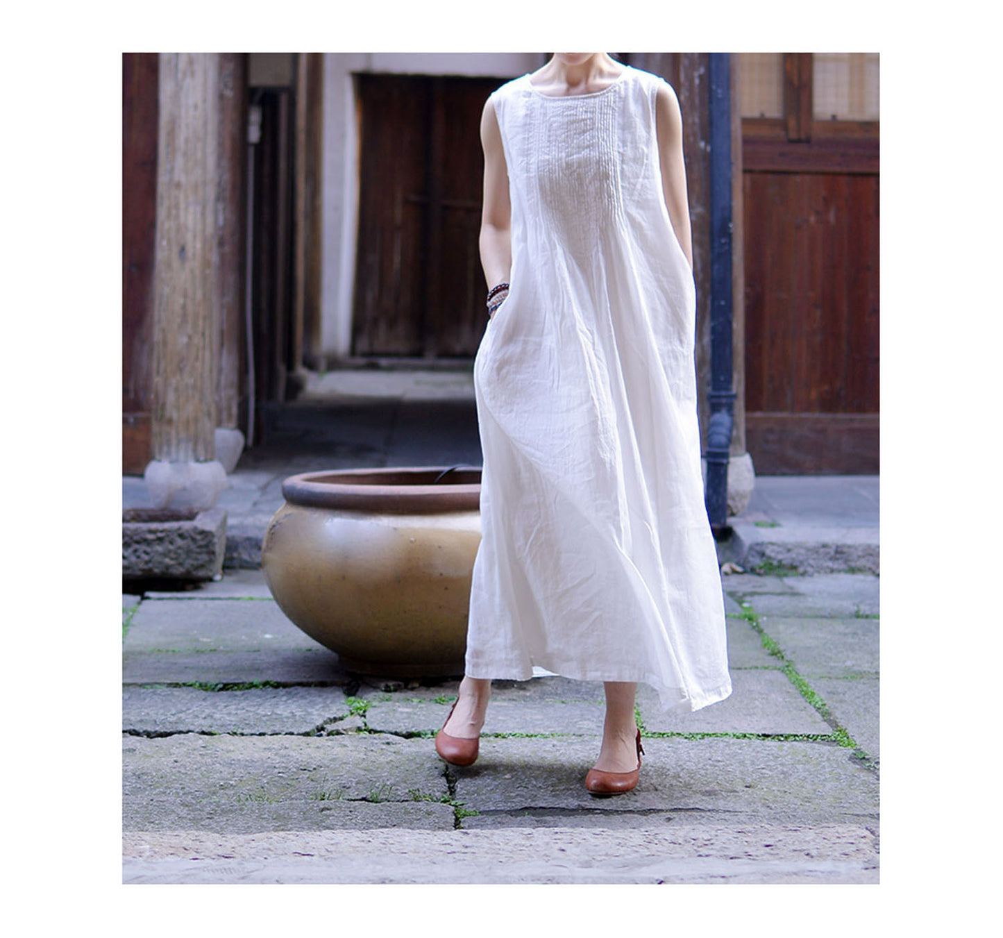 edoa Hand Pintucked Ramie Floor-length Tank Dress 