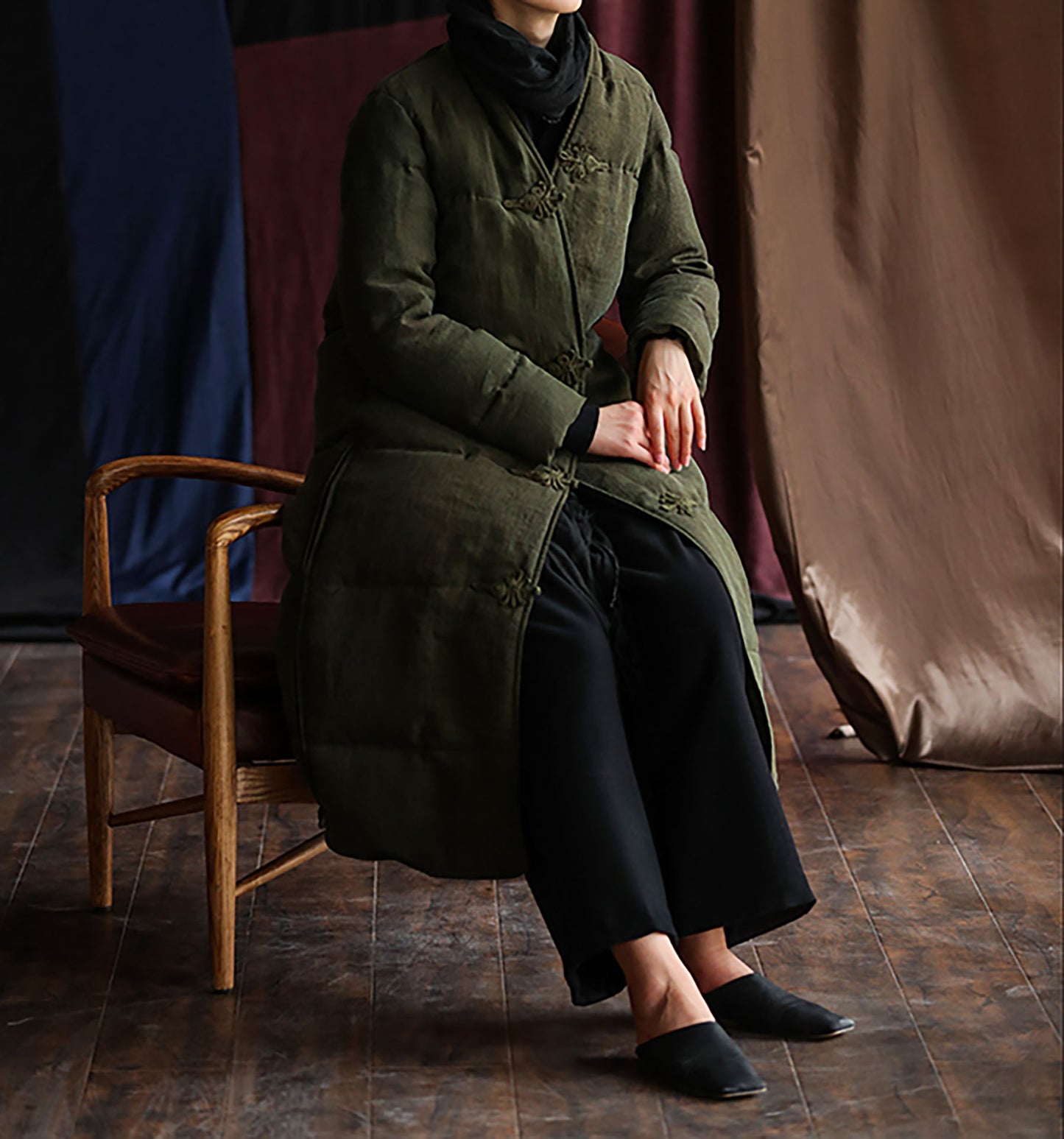 edoa Cracked Mud Silk Goose Down Long Coat