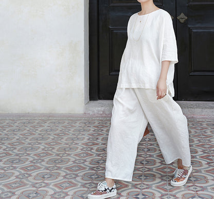 edoa Loose Heavy Weight Washed Linen Wide-leg Pants