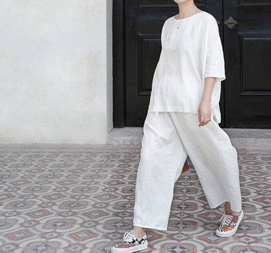 edoa Loose Heavy Weight Washed Linen Wide-leg Pants