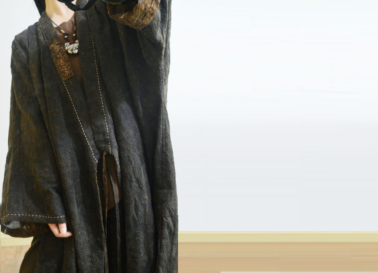 edoa Reversible Mud Silk Linen Blend Jacquard Kimono Coat