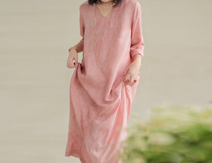 edoa Distressed Plant Dyed Tussah Silk V-neck Dress