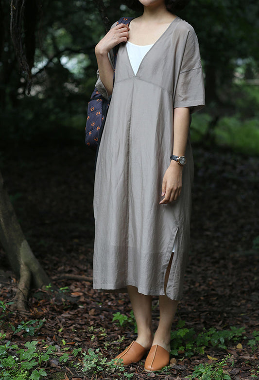 edoa Deep V Neck Smock Dress 