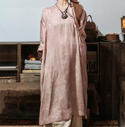 edoa Dusty Pink Mulberry Silk Sakura Jacquard Chinese Blouse