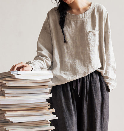 edoa Loose Fit Linen Long Sleeve Pullover Shirt 