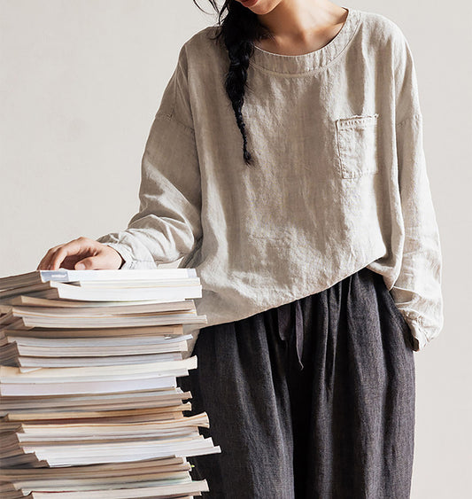 edoa Loose Fit Linen Long Sleeve Pullover Shirt 