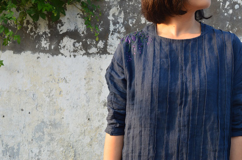 edoa Linen Tunic with Pintucked and Embroidery