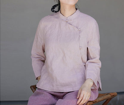 edoa Purplish Pink Linen Qipao Top