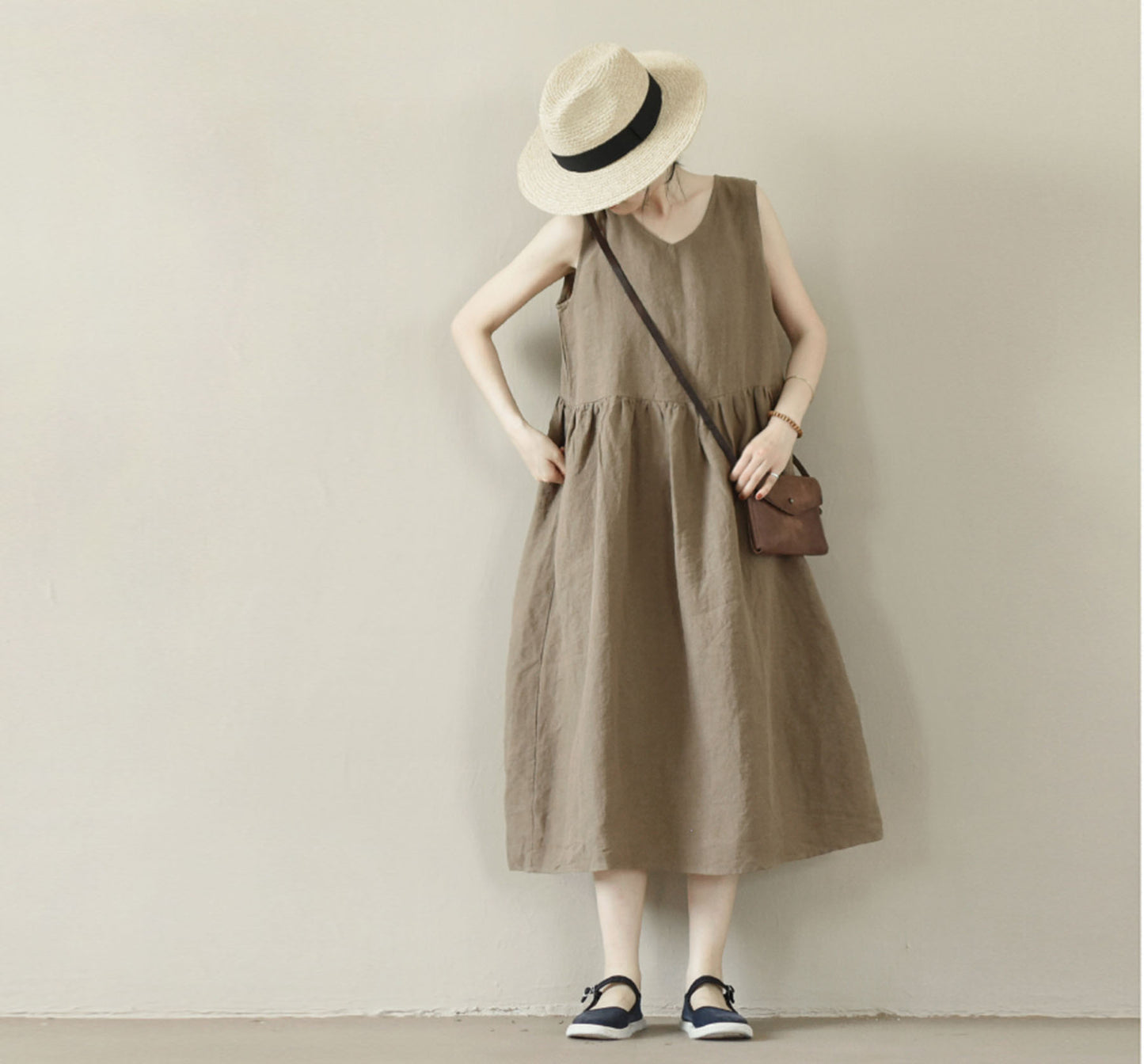 edoa Brown V-neckline High Waist Linen Sleeveless Dress