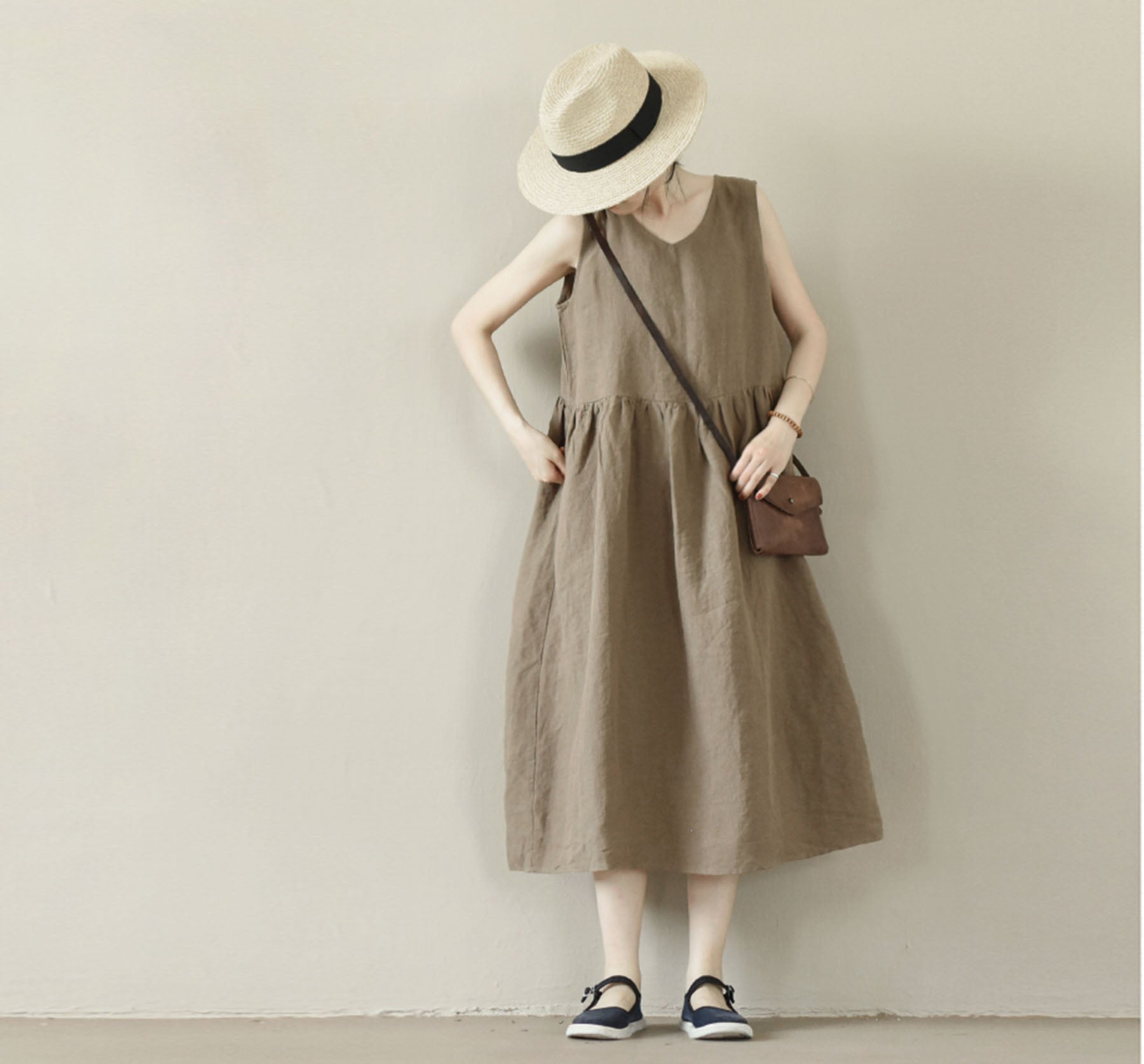 edoa Brown V-neckline High Waist Linen Sleeveless Dress