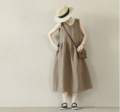 edoa Brown V-neckline High Waist Linen Sleeveless Dress