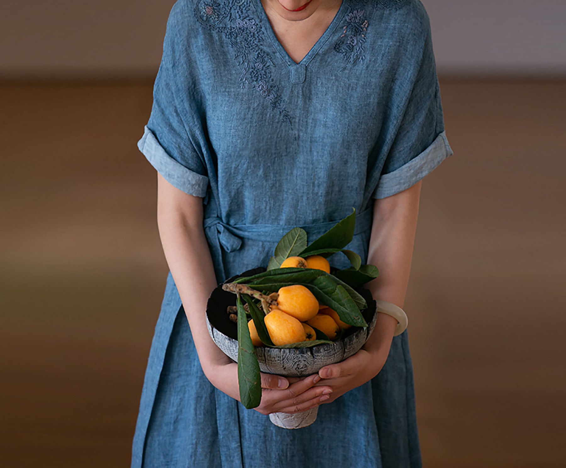 edoa Hand Embroidered Tie Dyed Ramie V-neck Kaftan Dress