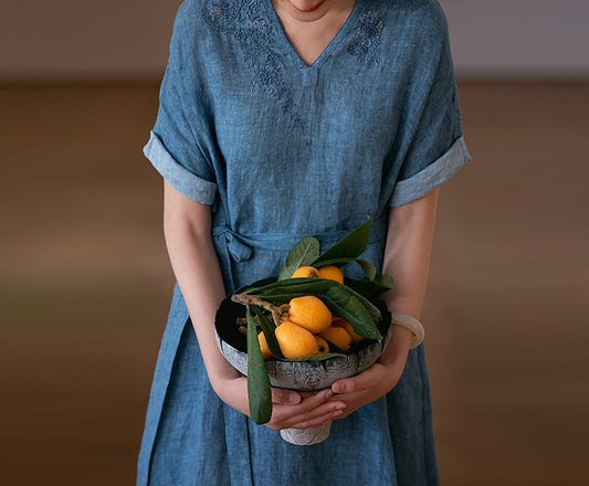 edoa Hand Embroidered Tie Dyed Ramie V-neck Kaftan Dress
