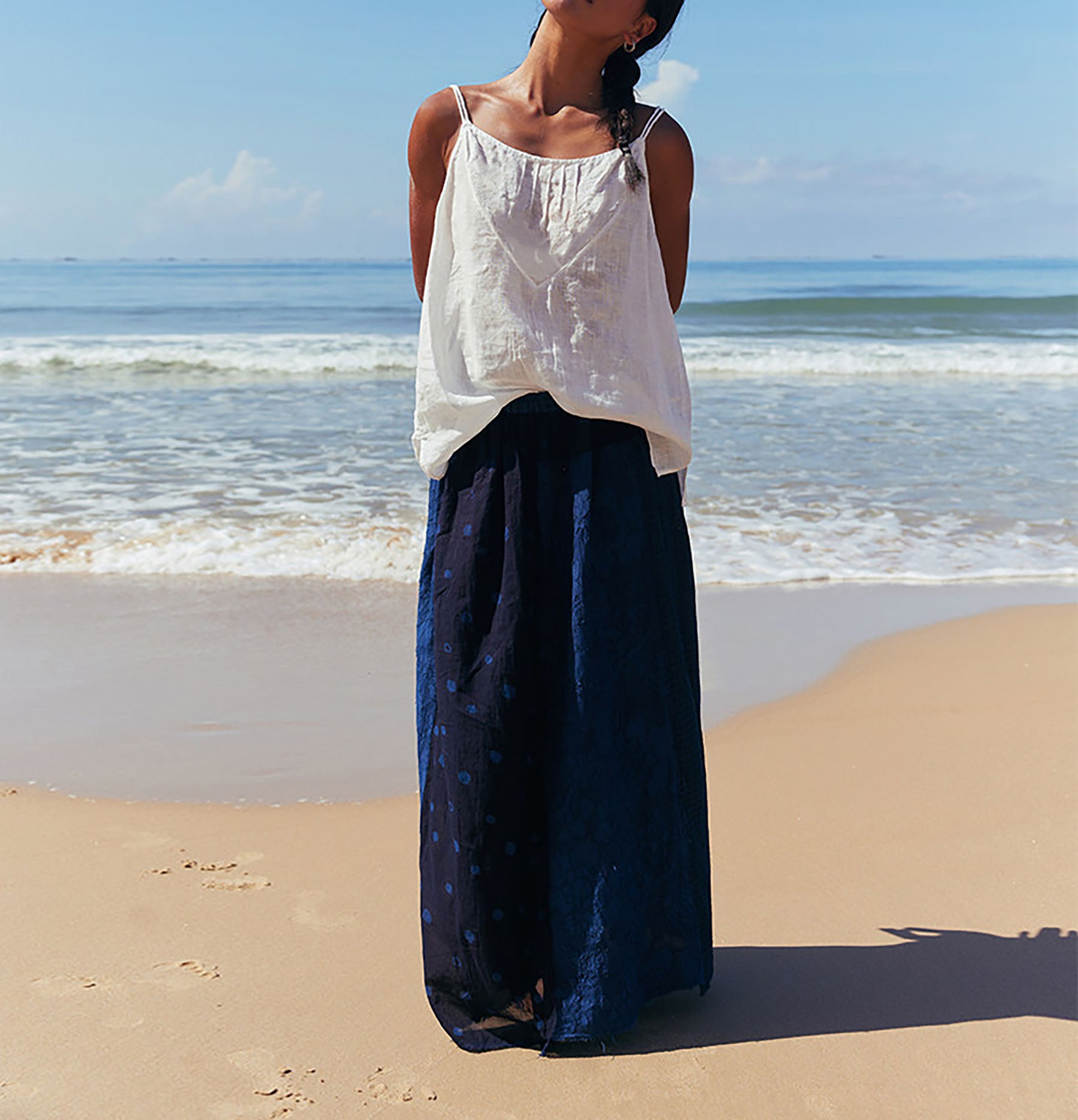 edoa Thin Linen Twin-Strap Cami Top with Pintucks