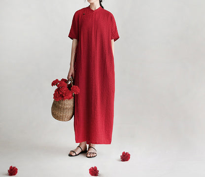 edoa Scarlet Crinkled Stripe Linen Blend Qipao Dress