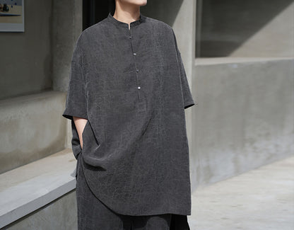 edoa Cracked Mud Silk Half Sleeves Chinese Shirt