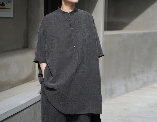 edoa Cracked Mud Silk Half Sleeves Chinese Shirt