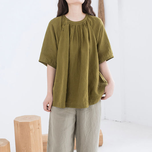 edoa Summer Linen Gathered Neck Blouse