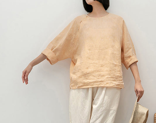 edoa  Loose Fit Yarn Dyed Linen Chinese T-shirt