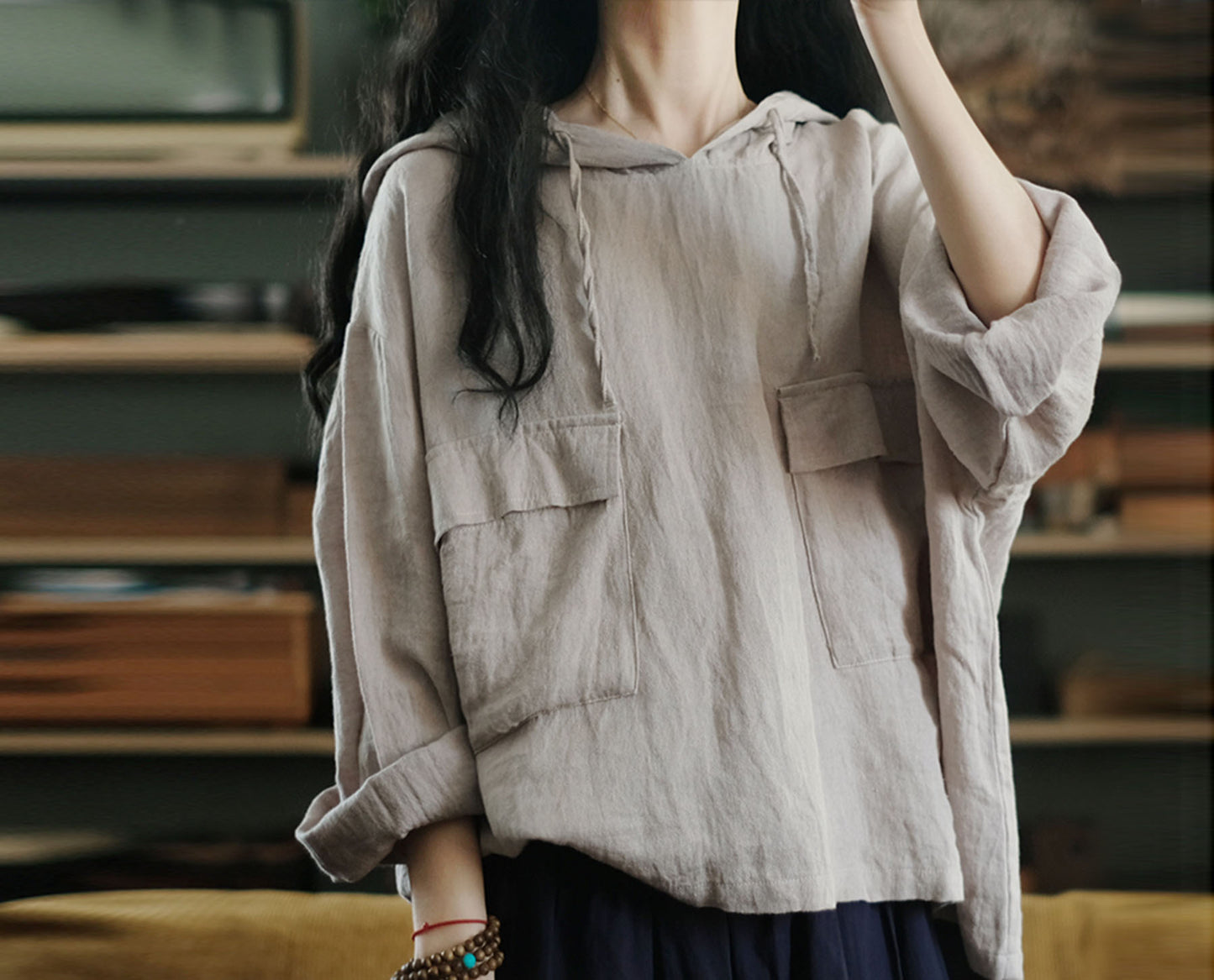 edoa Loose Washed Flax Linen Hooded Pullover 